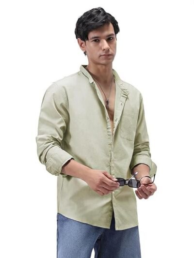Men's Cotton Full Sleeve Regular Fit Casual Solid Shirt with Band Collar(Light Olive)