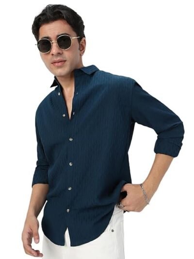 Men's Cotton Full Sleeve Regular Fit Textured Shirt with Spread Collar(Blue)