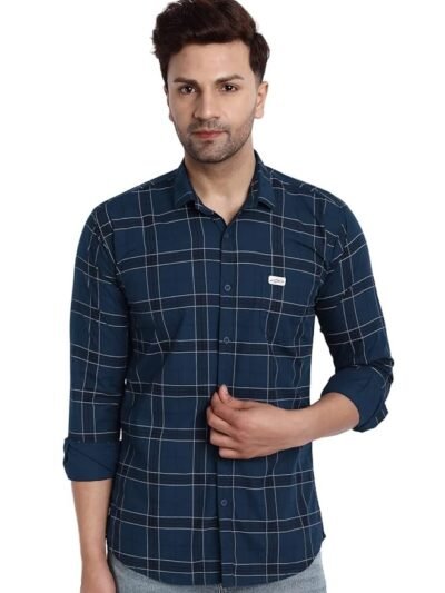 Slim Fit Cotton Casual Check Shirt for Men(Navy)