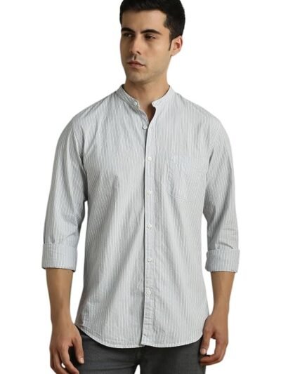 Classic Striped Cotton Mandarin Collar Shirt for Men – Full Sleeves, Business Casual(Grey)